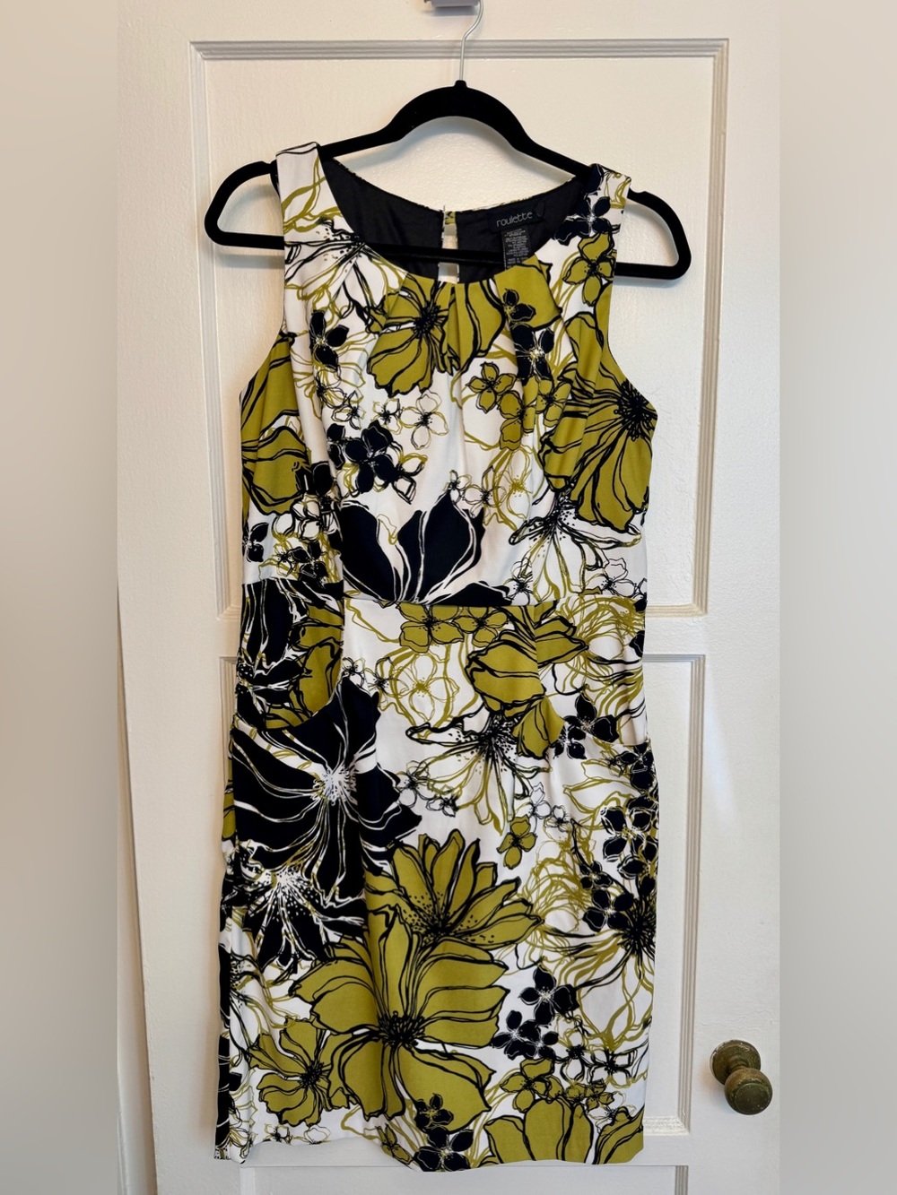 Roulette Olive Green Black and White Floral Sheath Dress